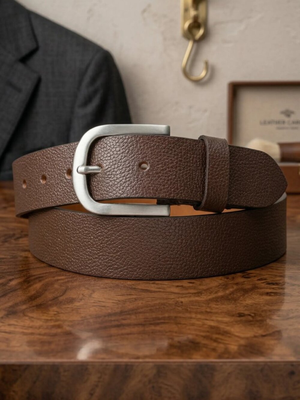 Genuine Leather Men Casual Jeans Belt with Silver Buckle, Brown